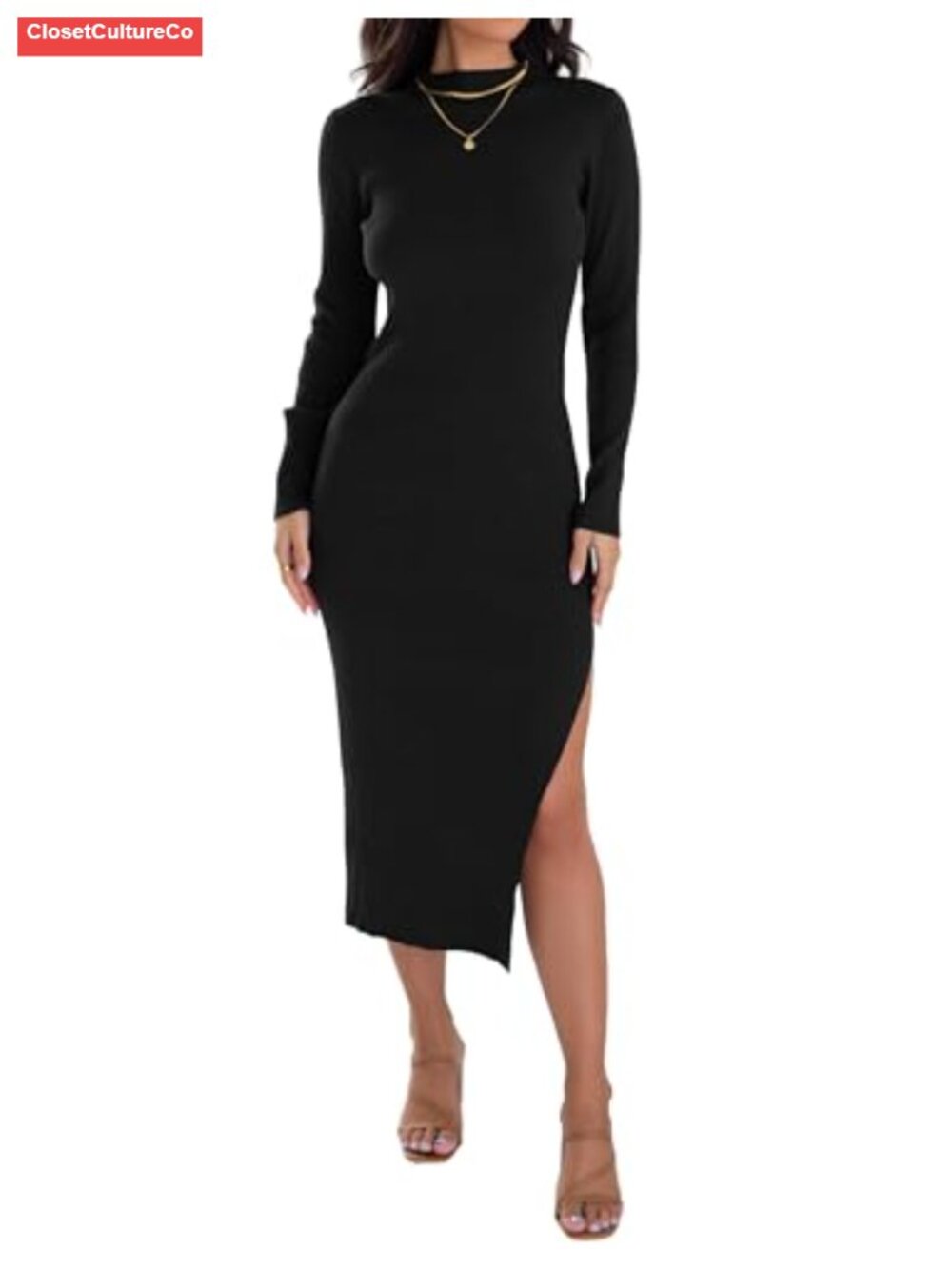 Knit Sweater Dress Long Sleeve Mock Neck Bodycon Midi